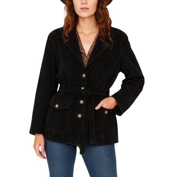 Y2K Vintage Boho Black Suede Belted Jacket Genuine Leather - Picture 1 of 12